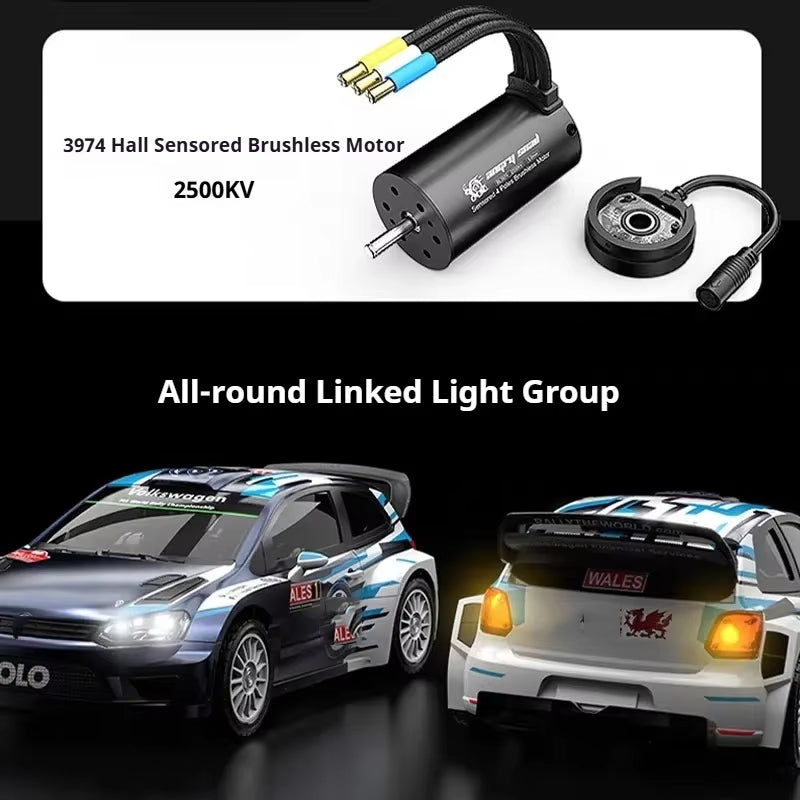 MJX Hyper Go 7304-DC Volkswagen Polo R WRC 1:7 4WD Brushless RC Rally Car, 3974 2500KV Sensored Motor, 120A ESC, 35KG Metal Servo, Metal Drivetrain, 4S 5000mAh Battery, Charger