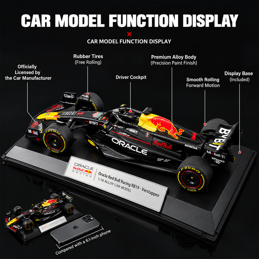 Black Mamba Oracle Red Bull Racing RB19 Formula 1 Die-Cast Model Car, 1:18 Scale, 2023 Racing Livery, Black and Yellow Collector Model