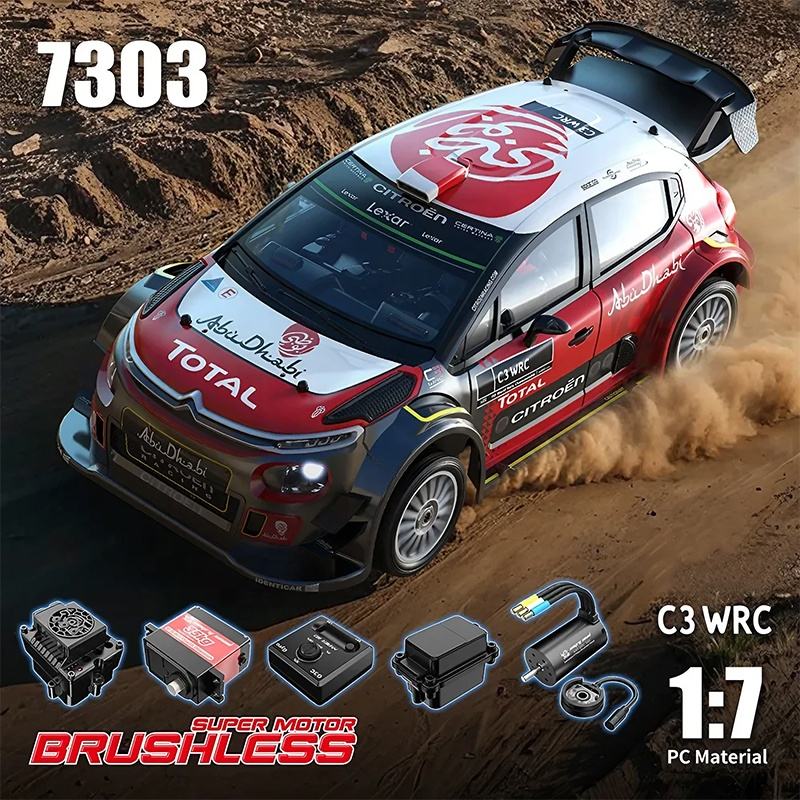 MJX Hyper Go 7303DC - 1:7 Citroën C3 WRC 4WD Brushless RC Rally Car, 3974 2500KV Sensored Motor, 120A ESC, 35KG Metal Servo, G3C Gyro, Triple Metal Differentials, 4S Battery & Charger