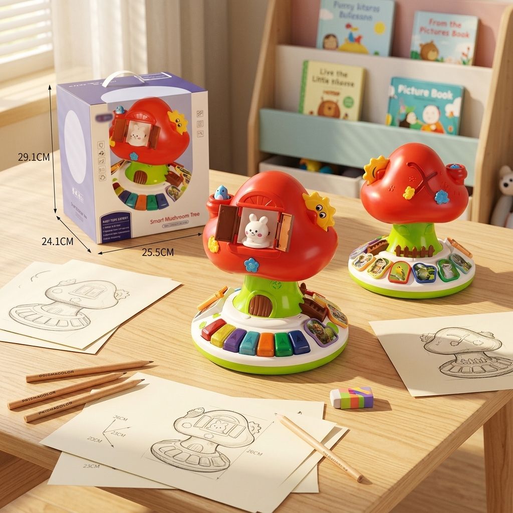 Colorful Plastic Mushroom-Shaped Educational Baby Gym Toy 3-in-1 Musical Playset Electric Keyboard Animal Figures Storage Bag #QX-9316