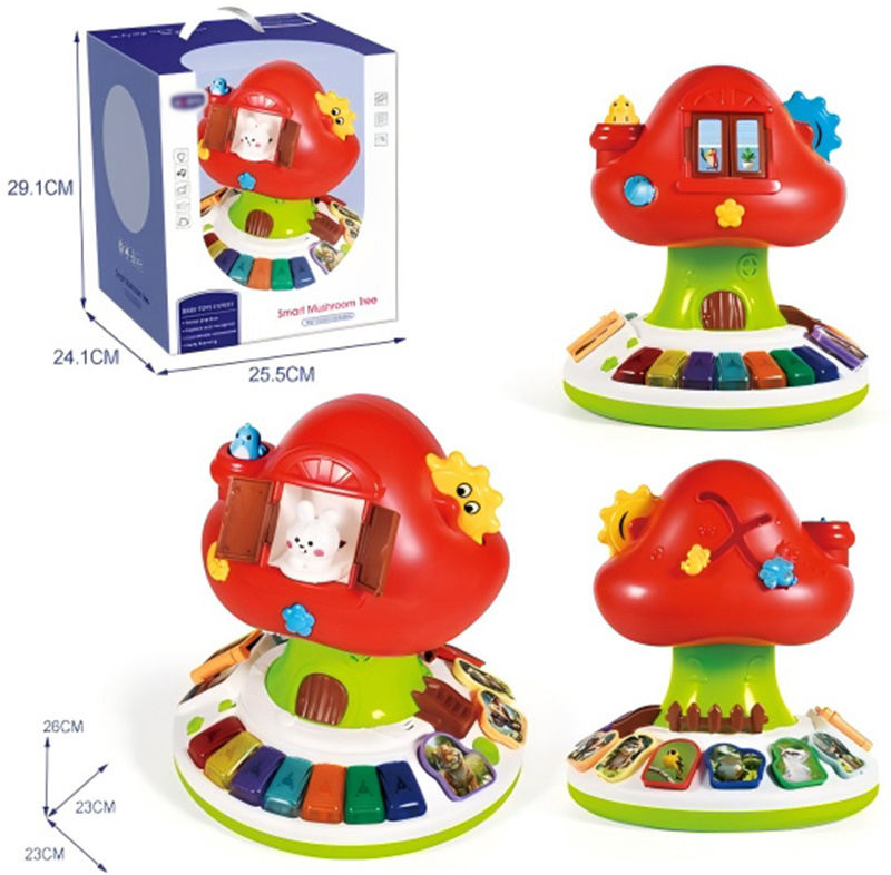 Colorful Plastic Mushroom-Shaped Educational Baby Gym Toy 3-in-1 Musical Playset Electric Keyboard Animal Figures Storage Bag #QX-9316