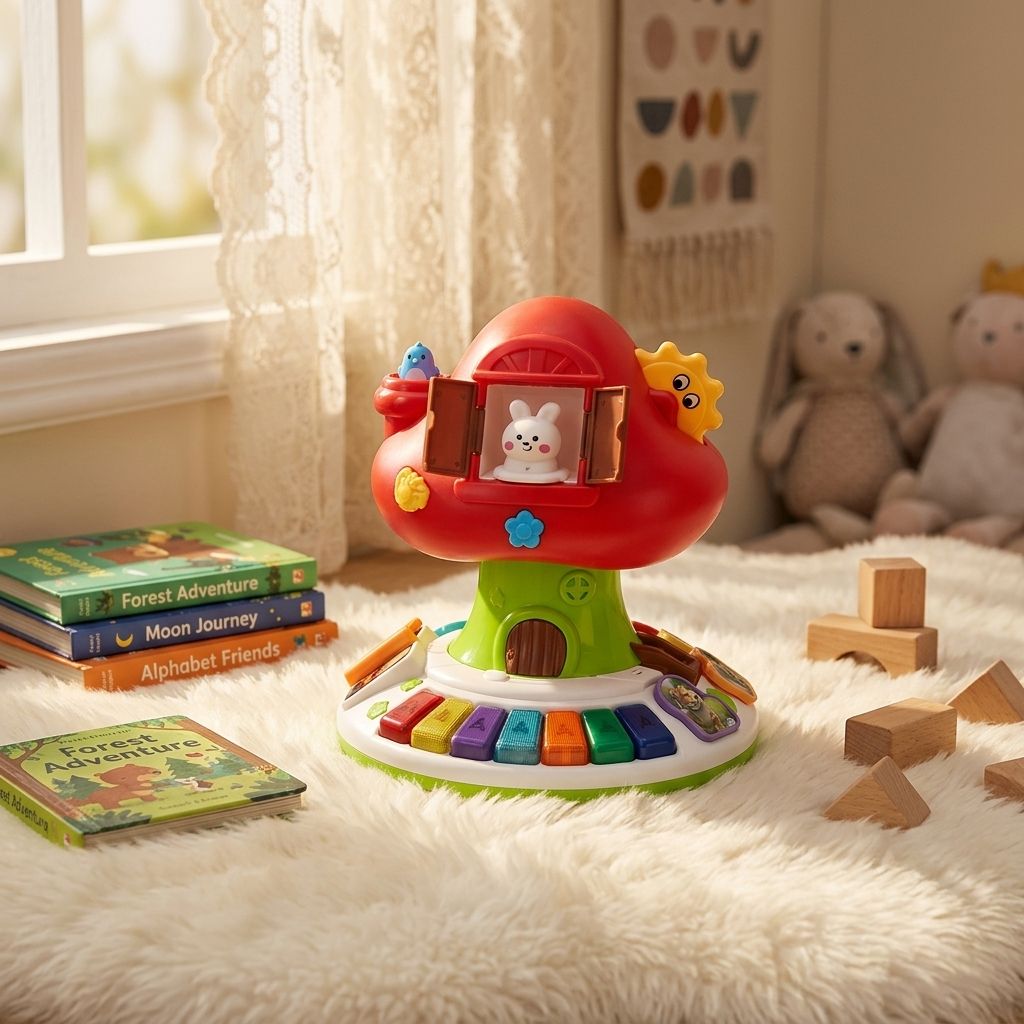 Colorful Plastic Mushroom-Shaped Educational Baby Gym Toy 3-in-1 Musical Playset Electric Keyboard Animal Figures Storage Bag #QX-9316