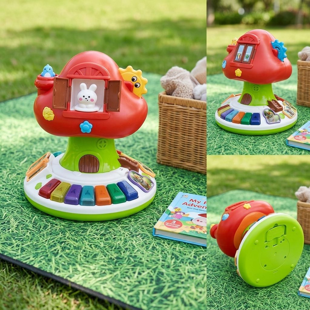 Colorful Plastic Mushroom-Shaped Educational Baby Gym Toy 3-in-1 Musical Playset Electric Keyboard Animal Figures Storage Bag #QX-9316