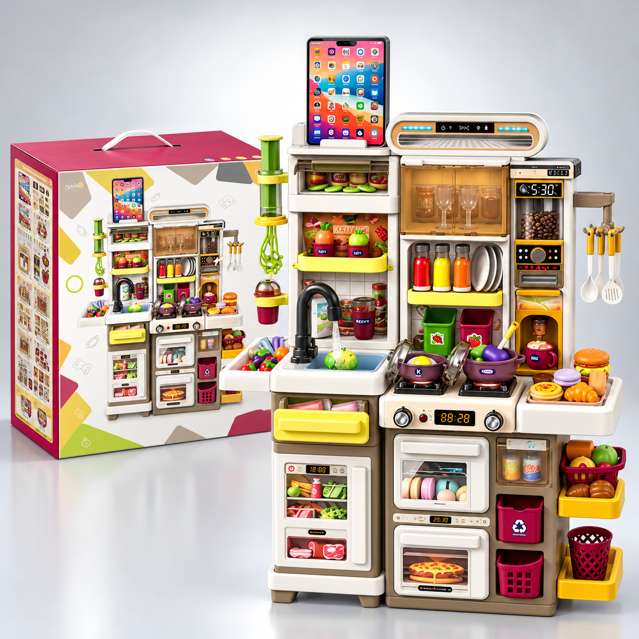 Kids Dream Kitchen Playset 66T-1, 66T-2, 66T-3, 66T-4 with 65 Accessories, Interactive Pretend Cooking Set with Light-Up Stove, Water Play Sink, Oven, Refrigerator, Coffee Maker, Pots, Pans, Utensils and Play Food, Ages 3+