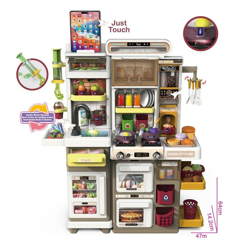 Kids Dream Kitchen Playset 66T-1, 66T-2, 66T-3, 66T-4 with 65 Accessories, Interactive Pretend Cooking Set with Light-Up Stove, Water Play Sink, Oven, Refrigerator, Coffee Maker, Pots, Pans, Utensils and Play Food, Ages 3+