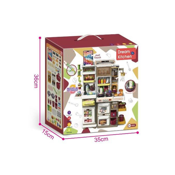 Kids Dream Kitchen Playset 66T-1, 66T-2, 66T-3, 66T-4 with 65 Accessories, Interactive Pretend Cooking Set with Light-Up Stove, Water Play Sink, Oven, Refrigerator, Coffee Maker, Pots, Pans, Utensils and Play Food, Ages 3+