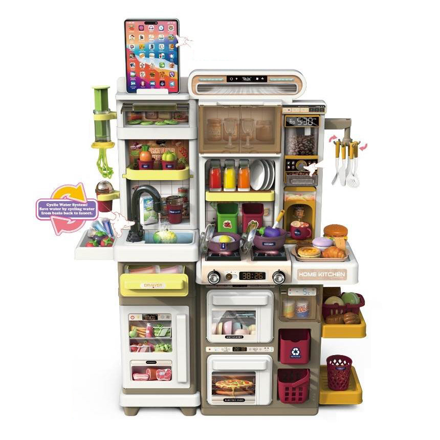 Kids Dream Kitchen Playset 66T-1, 66T-2, 66T-3, 66T-4 with 65 Accessories, Interactive Pretend Cooking Set with Light-Up Stove, Water Play Sink, Oven, Refrigerator, Coffee Maker, Pots, Pans, Utensils and Play Food, Ages 3+