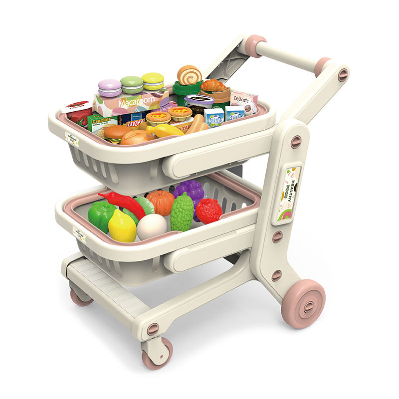 Kids Shopping Cart Toy Set with 33 Pieces, Double Basket Supermarket Trolley with Pretend Play Fruits, Vegetables, Burgers, Snacks and Grocery Items, Push Along Shopping Cart for Children Ages 3+