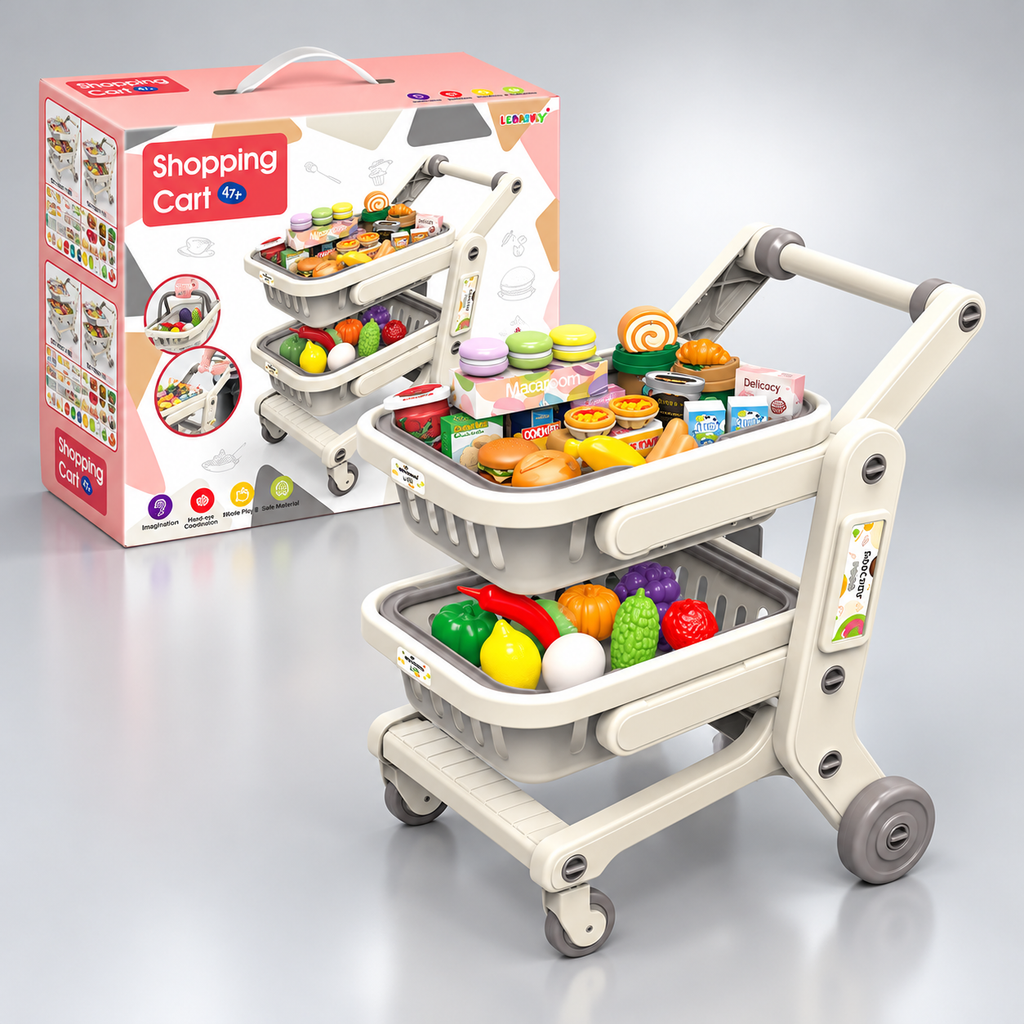 Kids Shopping Cart Toy Set with 33 Pieces, Double Basket Supermarket Trolley with Pretend Play Fruits, Vegetables, Burgers, Snacks and Grocery Items, Push Along Shopping Cart for Children Ages 3+
