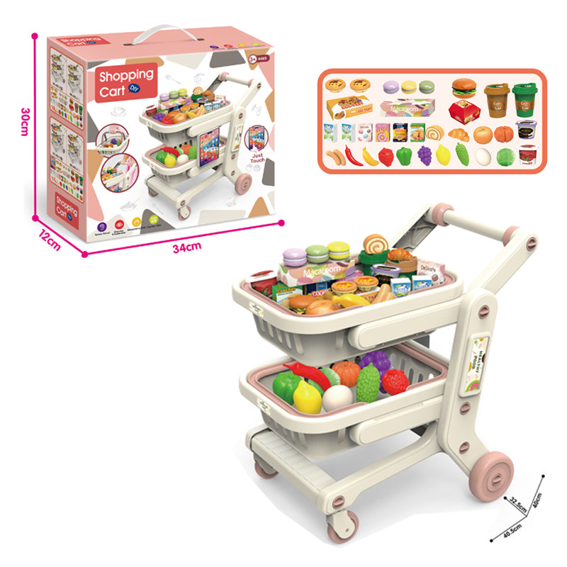 Kids Shopping Cart Toy Set with 33 Pieces, Double Basket Supermarket Trolley with Pretend Play Fruits, Vegetables, Burgers, Snacks and Grocery Items, Push Along Shopping Cart for Children Ages 3+