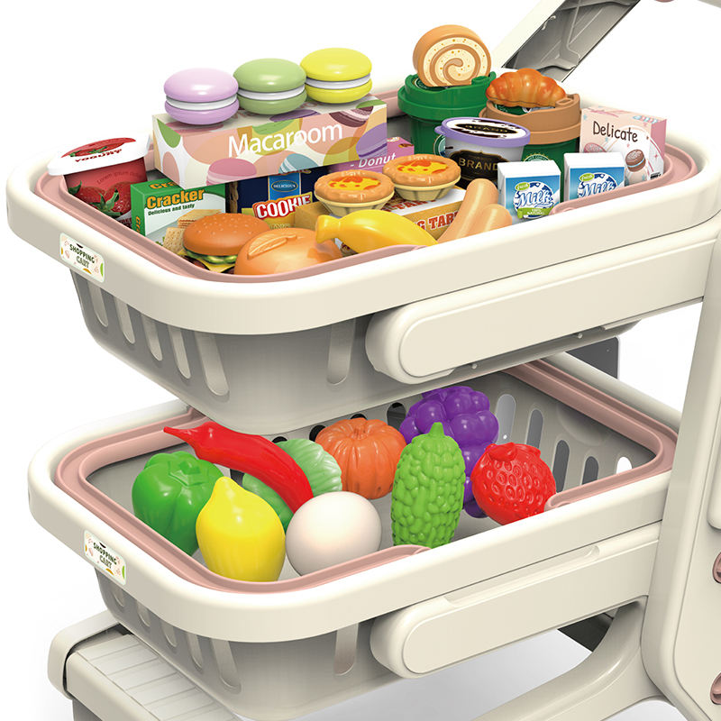 Kids Shopping Cart Toy Set with 33 Pieces, Double Basket Supermarket Trolley with Pretend Play Fruits, Vegetables, Burgers, Snacks and Grocery Items, Push Along Shopping Cart for Children Ages 3+