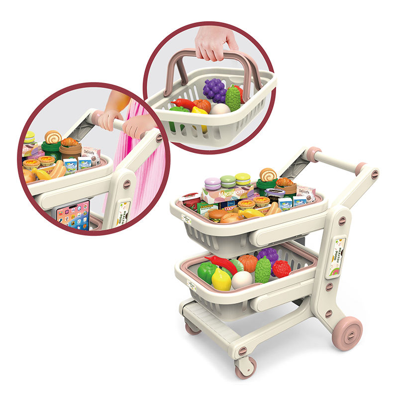 Kids Shopping Cart Toy Set with 33 Pieces, Double Basket Supermarket Trolley with Pretend Play Fruits, Vegetables, Burgers, Snacks and Grocery Items, Push Along Shopping Cart for Children Ages 3+