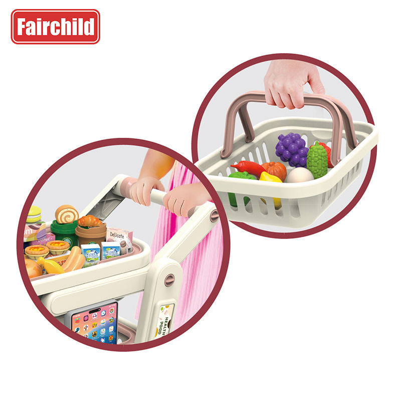 Kids Shopping Cart Toy Set with 33 Pieces, Double Basket Supermarket Trolley with Pretend Play Fruits, Vegetables, Burgers, Snacks and Grocery Items, Push Along Shopping Cart for Children Ages 3+