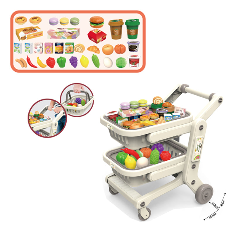 Kids Shopping Cart Toy Set with 33 Pieces, Double Basket Supermarket Trolley with Pretend Play Fruits, Vegetables, Burgers, Snacks and Grocery Items, Push Along Shopping Cart for Children Ages 3+