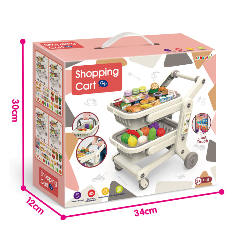 Kids Shopping Cart Toy Set with 33 Pieces, Double Basket Supermarket Trolley with Pretend Play Fruits, Vegetables, Burgers, Snacks and Grocery Items, Push Along Shopping Cart for Children Ages 3+