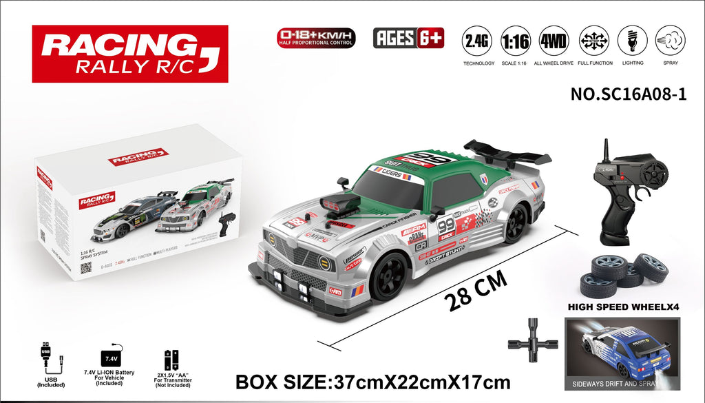 HB Toys Racing Rally 1:16 Scale RC Drift Racing Car for Kids, 4WD Remote Control Sports Rally Car, 18+ KM/H Speed, 2.4GHz Wireless Controller, LED Lights, Water Spray Effect, 7.4V Rechargeable Battery and Extra Wheels