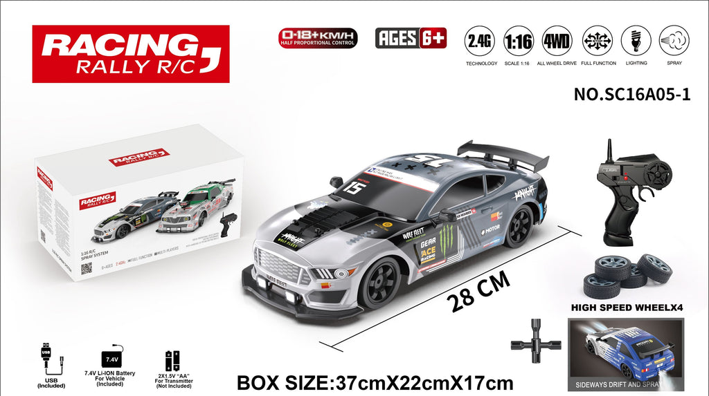 HB Toys Racing Rally 1:16 Scale RC Drift Racing Car for Kids, 4WD Remote Control Sports Rally Car, 18+ KM/H Speed, 2.4GHz Wireless Controller, LED Lights, Water Spray Effect, 7.4V Rechargeable Battery and Extra Wheels