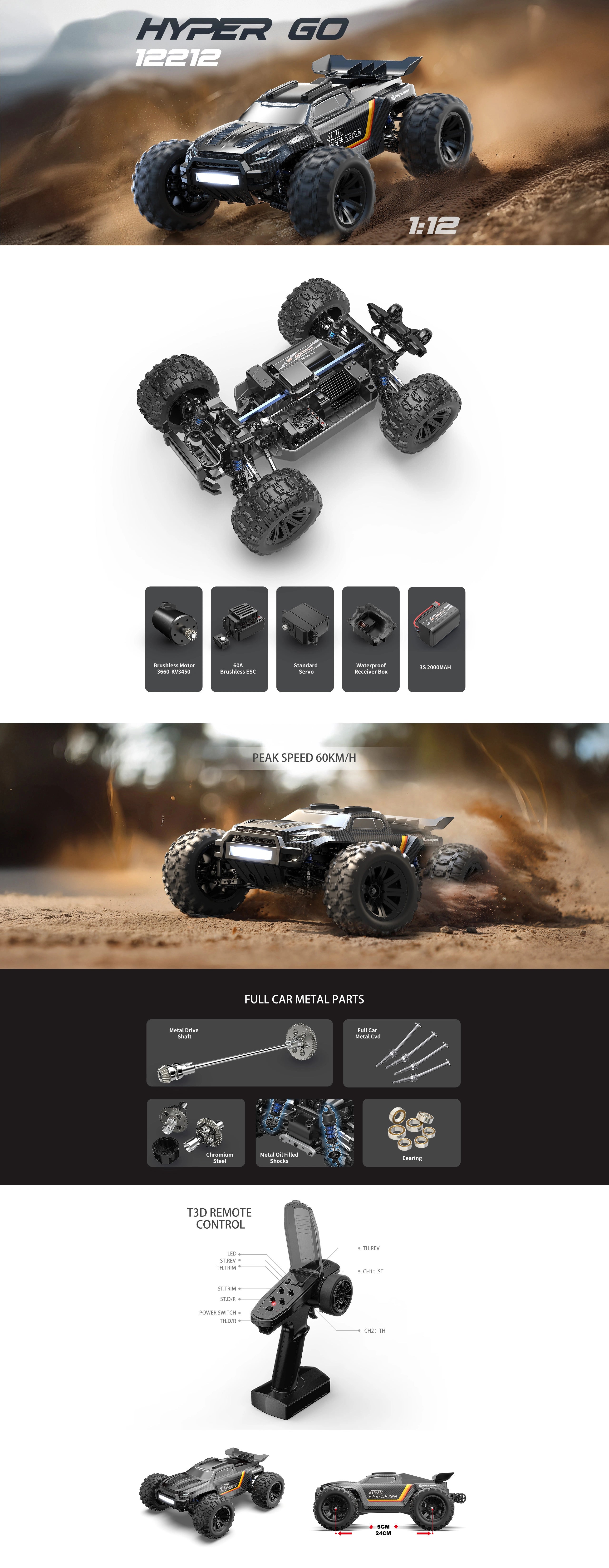 MJX Hyper Go 12212 - 1:12 4WD Brushless RC Truck, 58KM/H High-Speed Off-Road Monster Truck with 3660 3450KV Motor, 60A ESC, 3S 11.1V 2000mAh LiPo Battery, Metal Gears & Oil Shocks description image 1