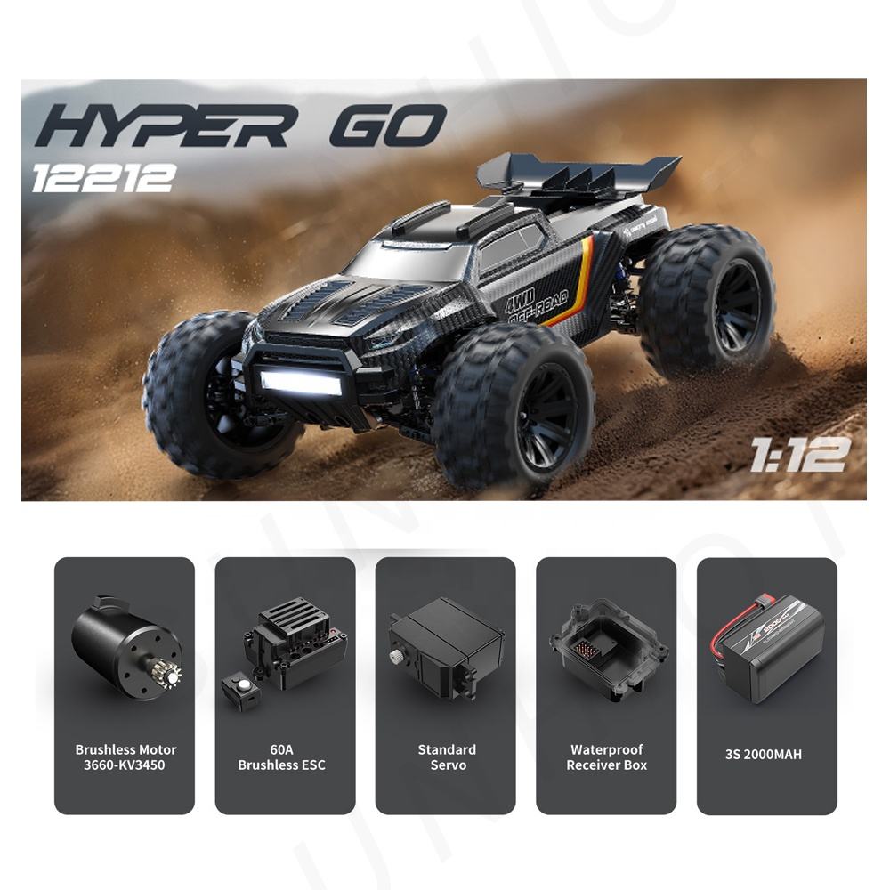 MJX Hyper Go 12212 - 1:12 4WD Brushless RC Truck, 58KM/H High-Speed Off-Road Monster Truck with 3660 3450KV Motor, 60A ESC, 3S 11.1V 2000mAh LiPo Battery, Metal Gears & Oil Shocks