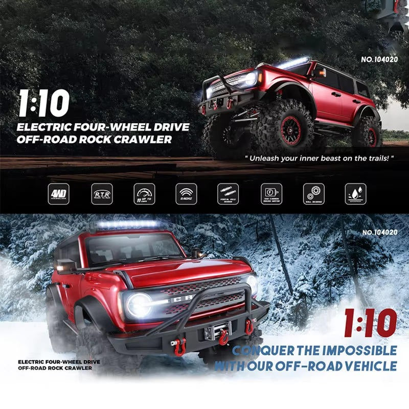WLtoys 104020 - 1:10 Scale RC Ford Bronco Style Rock Crawler 4WD Off-Road Truck with Electric Winch, 2.4GHz Remote Control, 550 Brushed Motor and LED Lights