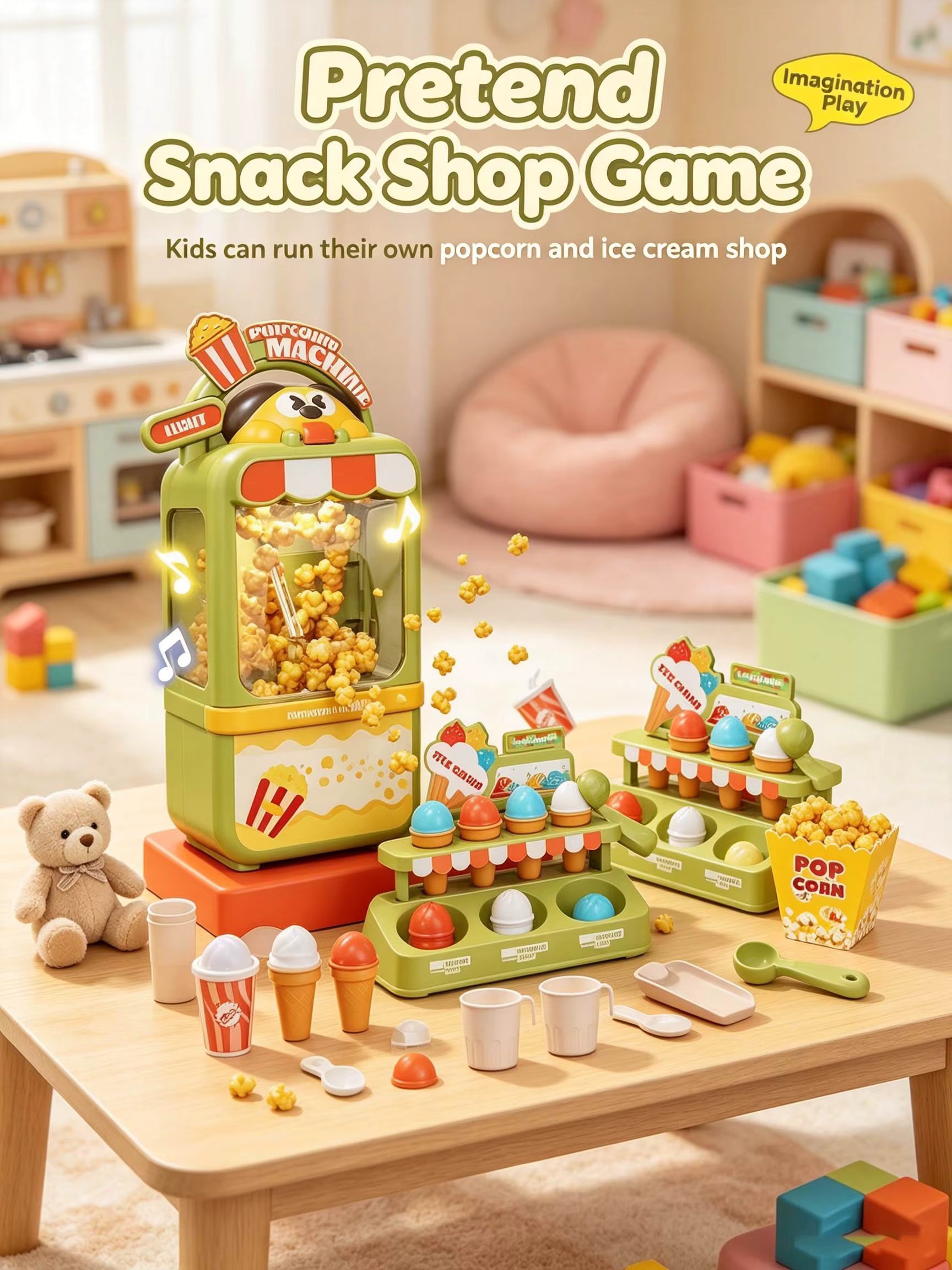 Pretend Play Color Box Popcorn Maker & Ice Cream Store Play Set with Lights Music Role Play Toy description image 1