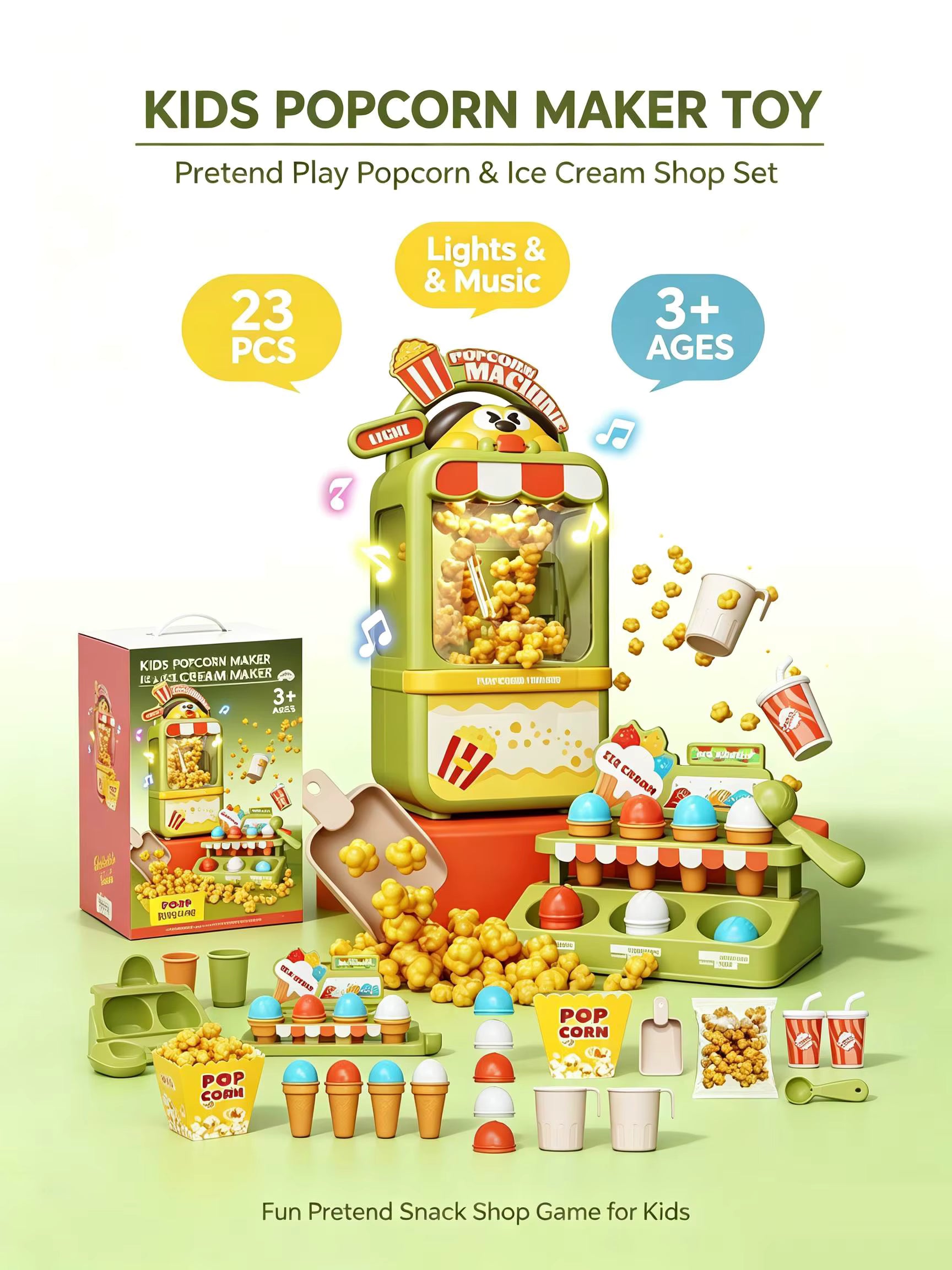 Pretend Play Color Box Popcorn Maker & Ice Cream Store Play Set with Lights Music Role Play Toy description image 2