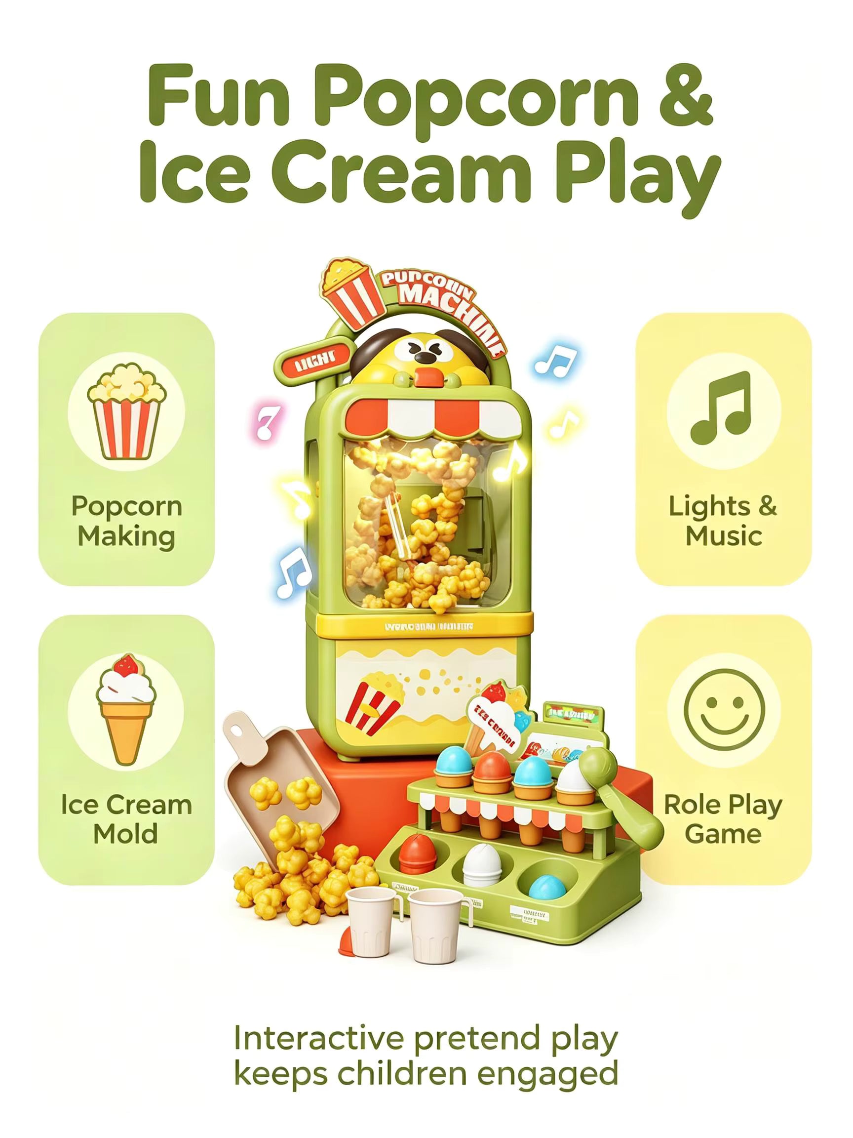 Pretend Play Color Box Popcorn Maker & Ice Cream Store Play Set with Lights Music Role Play Toy description image 3