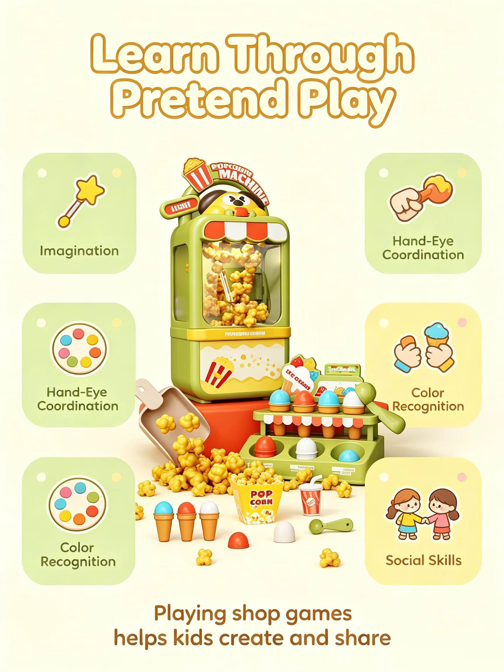 Pretend Play Color Box Popcorn Maker & Ice Cream Store Play Set with Lights Music Role Play Toy description image 4