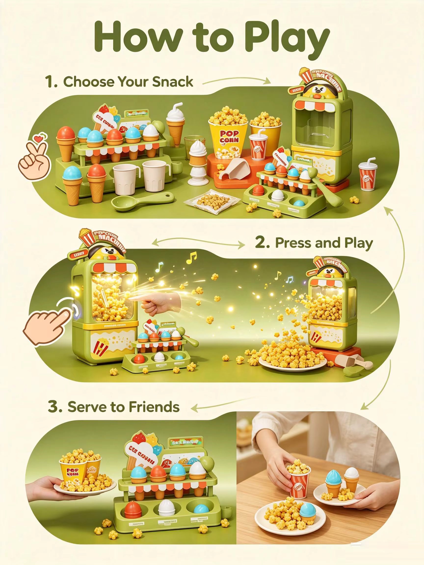 Pretend Play Color Box Popcorn Maker & Ice Cream Store Play Set with Lights Music Role Play Toy description image 5