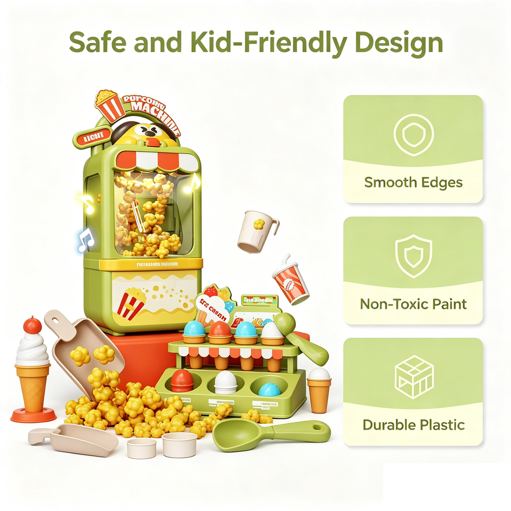 Pretend Play Color Box Popcorn Maker & Ice Cream Store Play Set with Lights Music Role Play Toy
