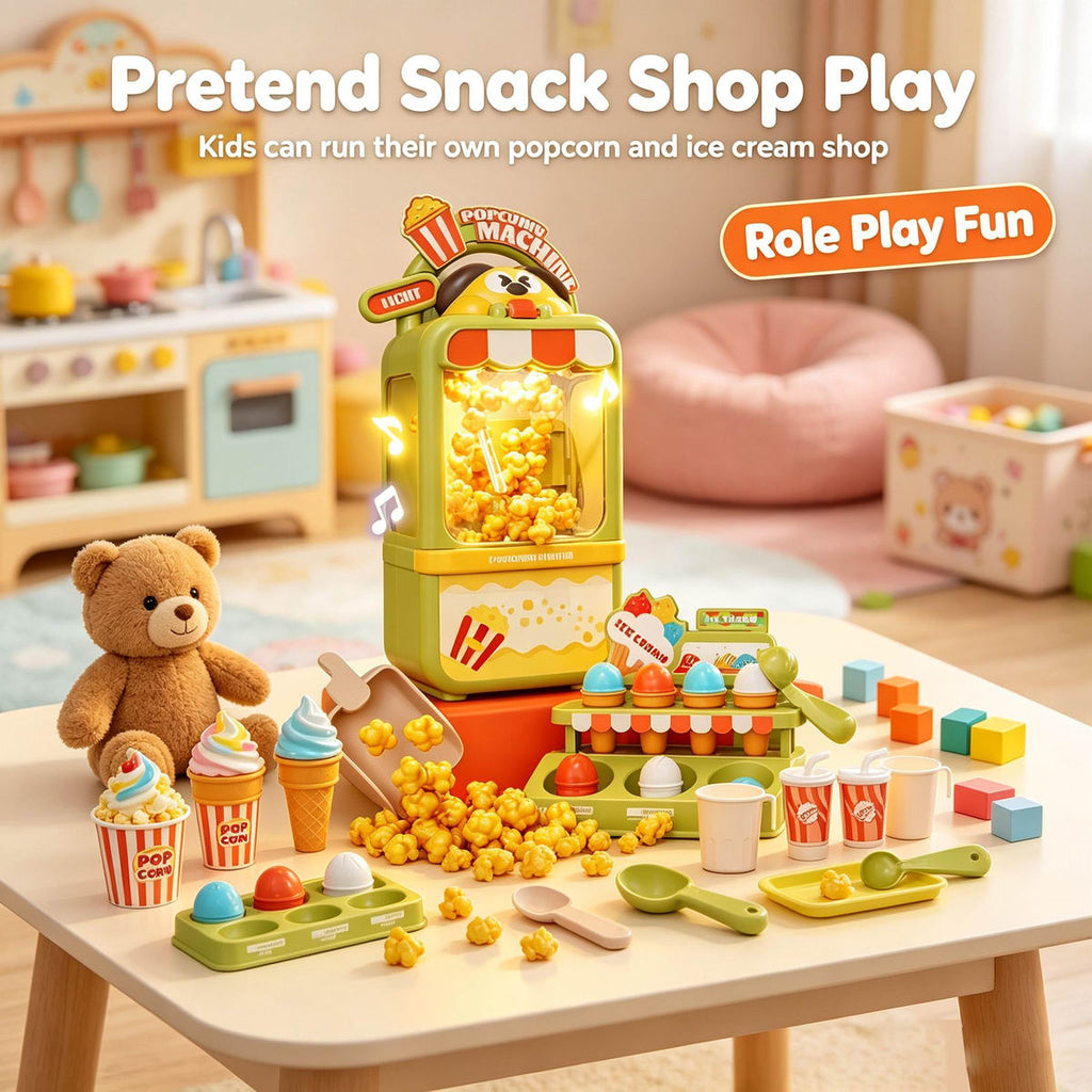 Pretend Play Color Box Popcorn Maker & Ice Cream Store Play Set with Lights Music Role Play Toy