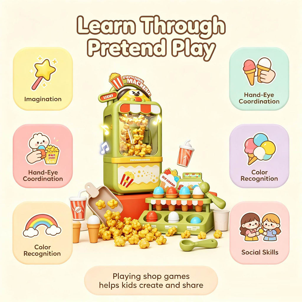 Pretend Play Color Box Popcorn Maker & Ice Cream Store Play Set with Lights Music Role Play Toy