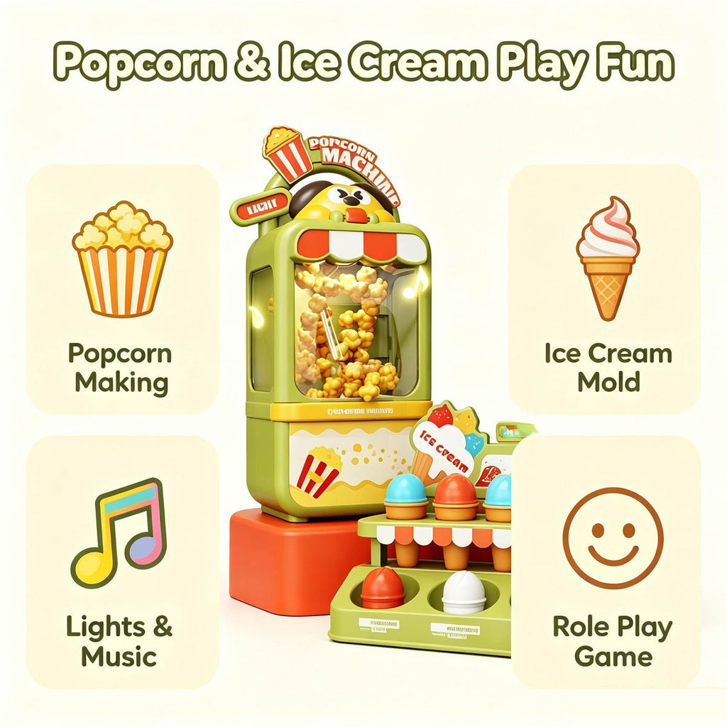 Pretend Play Color Box Popcorn Maker & Ice Cream Store Play Set with Lights Music Role Play Toy