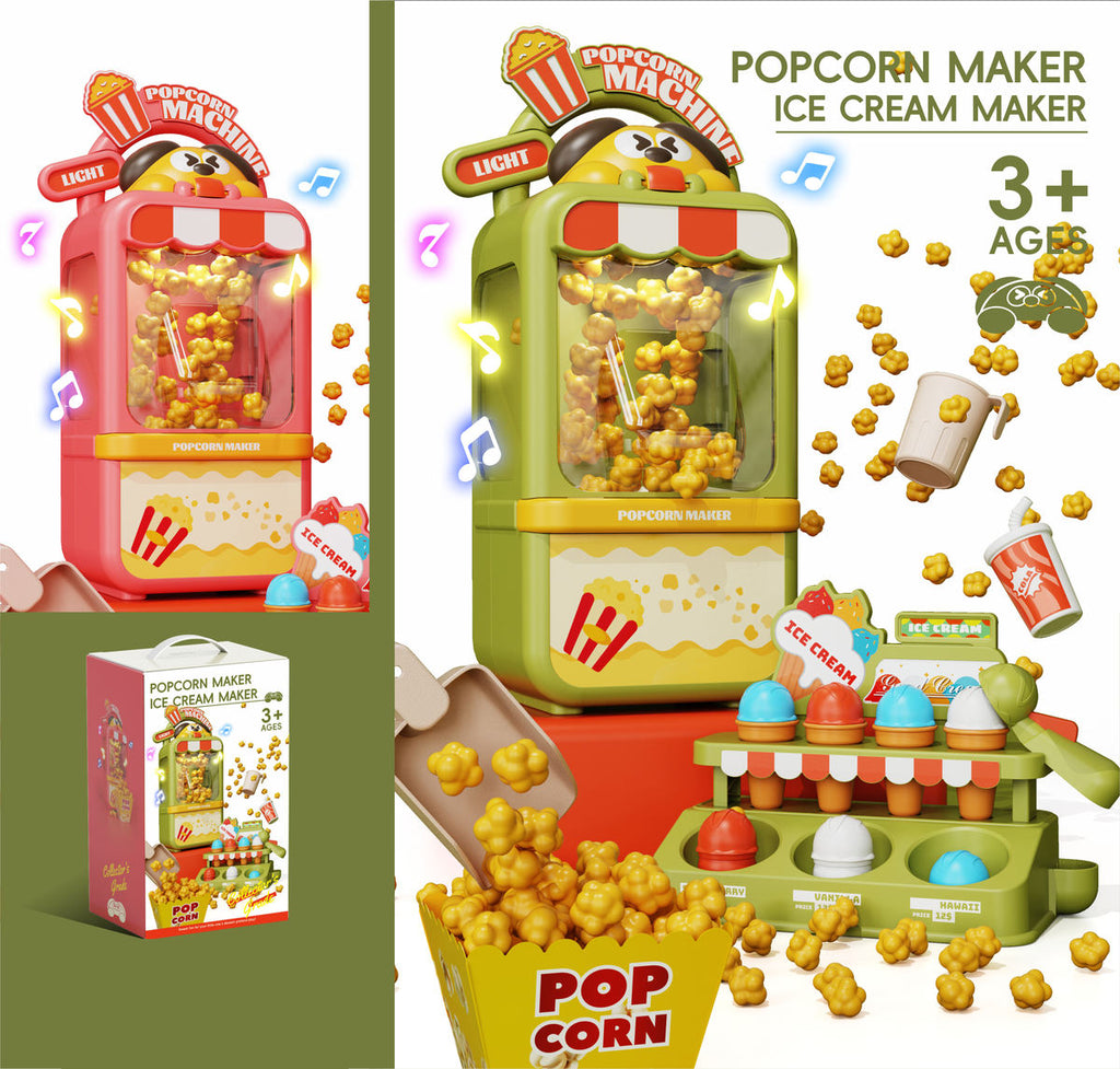 Pretend Play Color Box Popcorn Maker & Ice Cream Store Play Set with Lights Music Role Play Toy