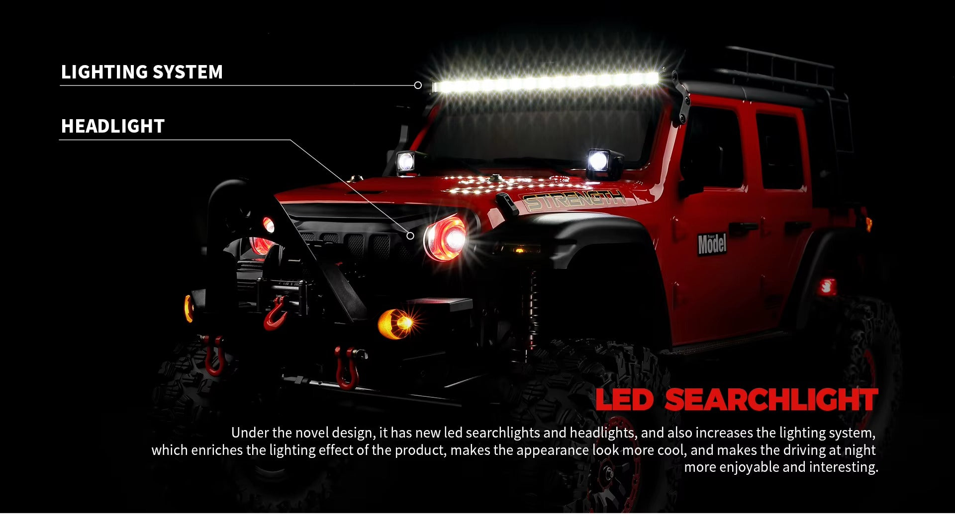 WLtoys 104006 - 1:10 4WD RC Rock Crawler, 2.4GHz Digital Display Remote, 550 Brushed Motor, 2-Speed Gearbox, Front & Rear Differential Locks, Portal Axles, Electric Winch, LED Lights & 7.4V Battery description image 11