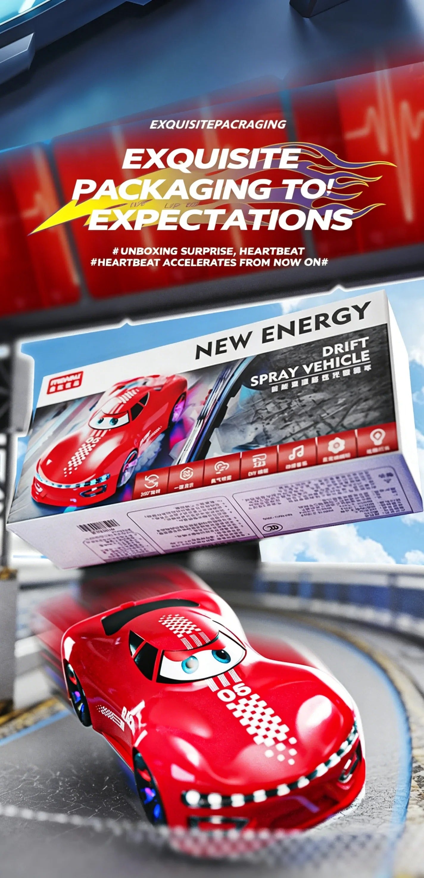 NEW ENERGY Drift Spray Remote Control Stunt Car for Kids, 4WD Rechargeable Sci-Fi Racing Car with 360° Rotation, Mecanum Wheels, Voice Control, Music, LED Lights and Water Spray Effect description image 11