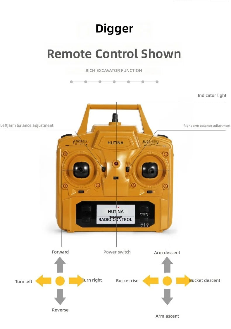 Huina 1583 - 1:14 24CH RC Wheel Loader, Semi-Alloy Construction Vehicle with 2.4GHz Remote Control, Working Metal Bucket and Loader Arm, LED Lights, Sound Effects, Rechargeable Battery Included description image 13