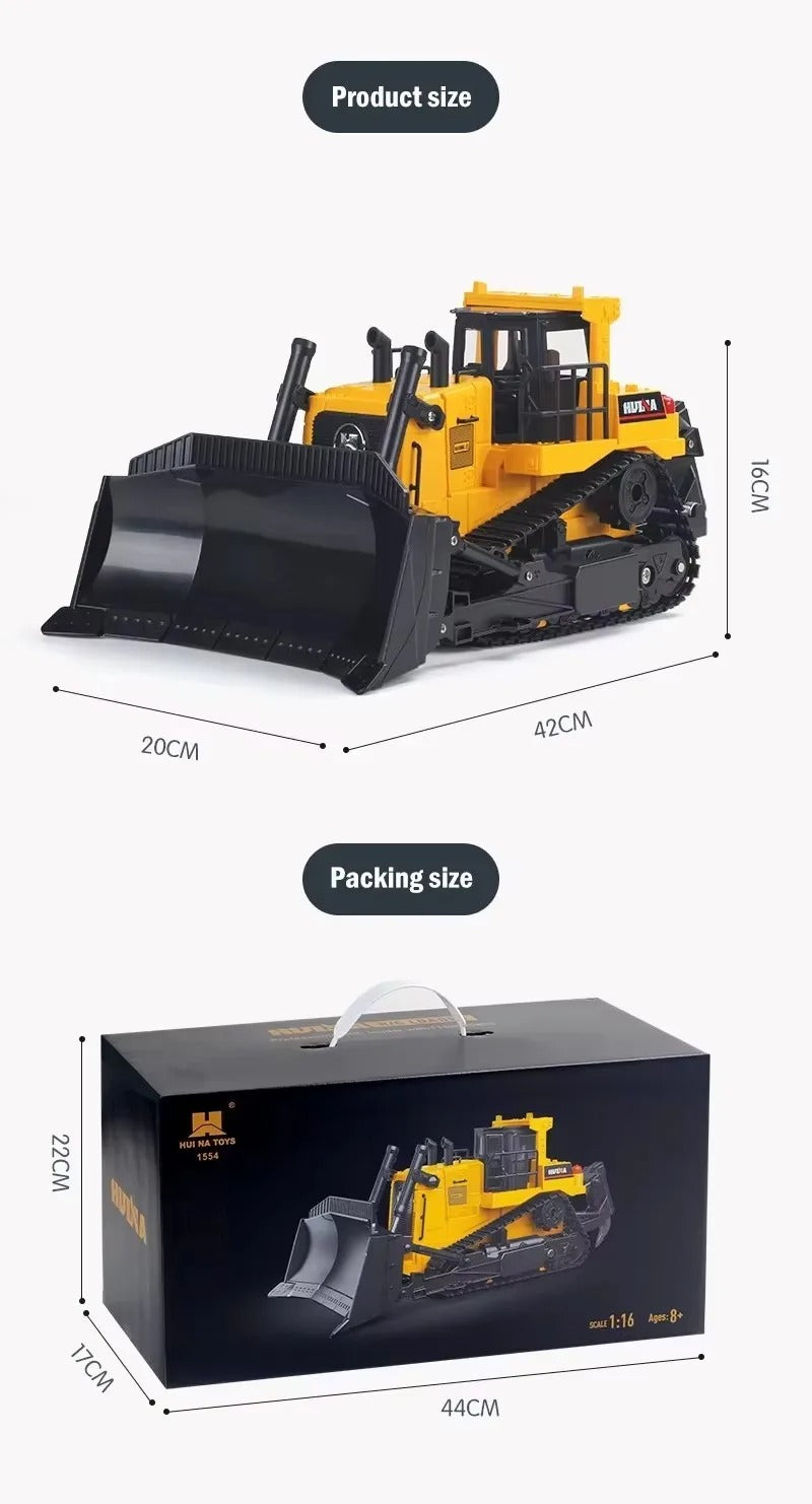Huina 1554 - 1:16 11CH RC Bulldozer, Semi-Alloy Tracked Earthmover with 2.4GHz Remote Control, Motorized Metal Blade, Rear Ripper, LED Lights, Sound Effects, Rechargeable 3.7V 900mAh Battery description image 14