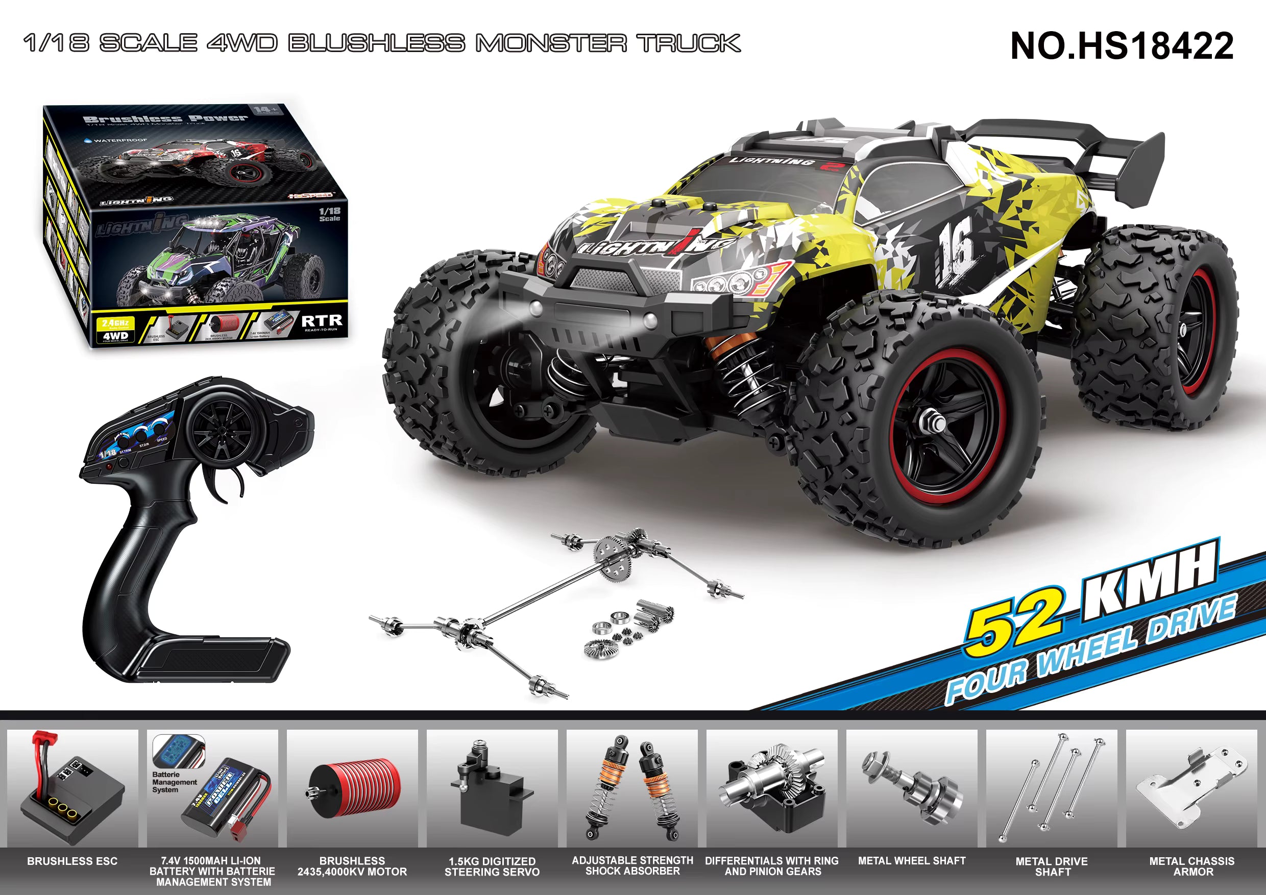 4WD 1:18 52km/h RC Brushless Motor Racing Cars RTR High Speed Drift Car Monster Truck Off-Road Vehicle -HS18422 description image 1