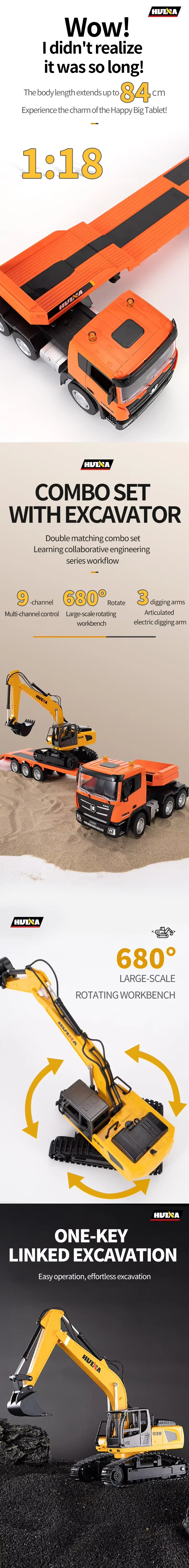 Huina 1319 - 1/18 Nine-channel semi-metallic remote-controlled flatbed trailer + remote-controlled excavator description image 2