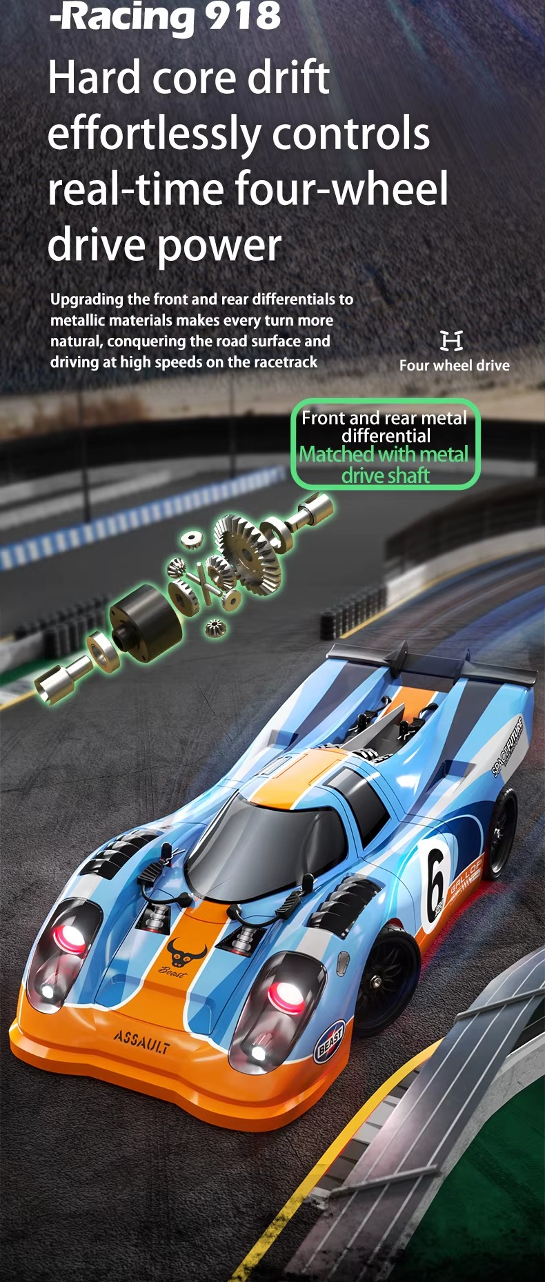 ZLL Beast SG918 PRO 1:16 - RC Drift Coupe | 4WD 2.4GHz Full Proportional Street Racer with LED Angel Lights & Drift Wheels description image 2