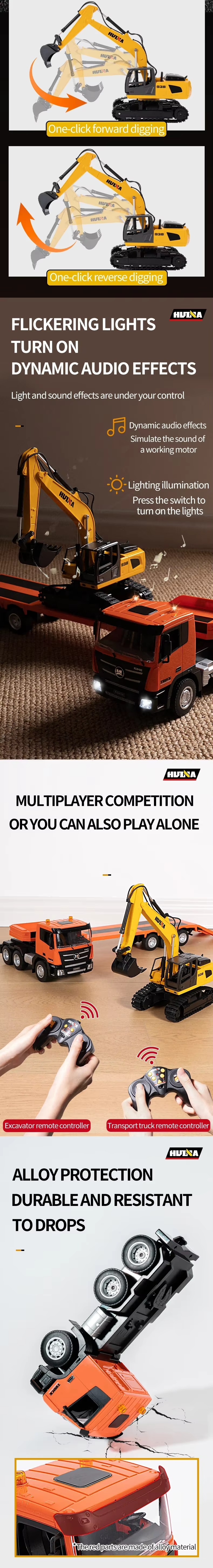 Huina 1319 - 1/18 Nine-channel semi-metallic remote-controlled flatbed trailer + remote-controlled excavator description image 3