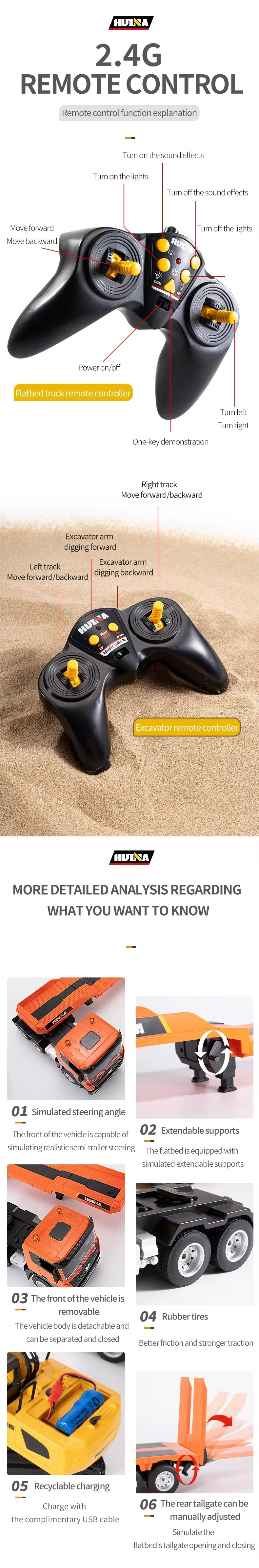 Huina 1319 - 1/18 Nine-channel semi-metallic remote-controlled flatbed trailer + remote-controlled excavator description image 4