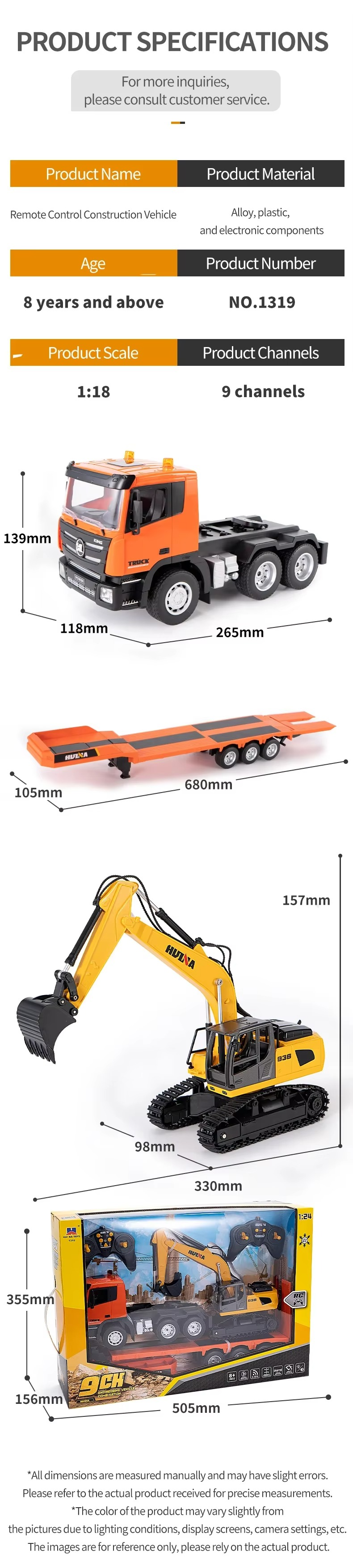 Huina 1319 - 1/18 Nine-channel semi-metallic remote-controlled flatbed trailer + remote-controlled excavator description image 5