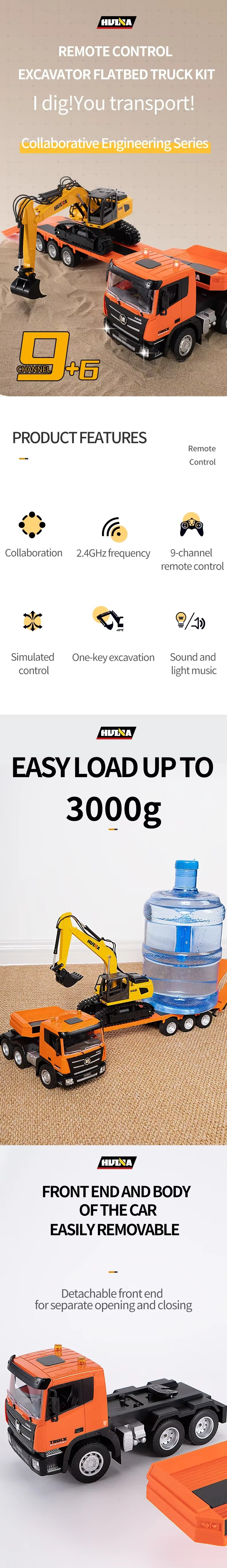 Huina 1319 - 1/18 Nine-channel semi-metallic remote-controlled flatbed trailer + remote-controlled excavator description image 1