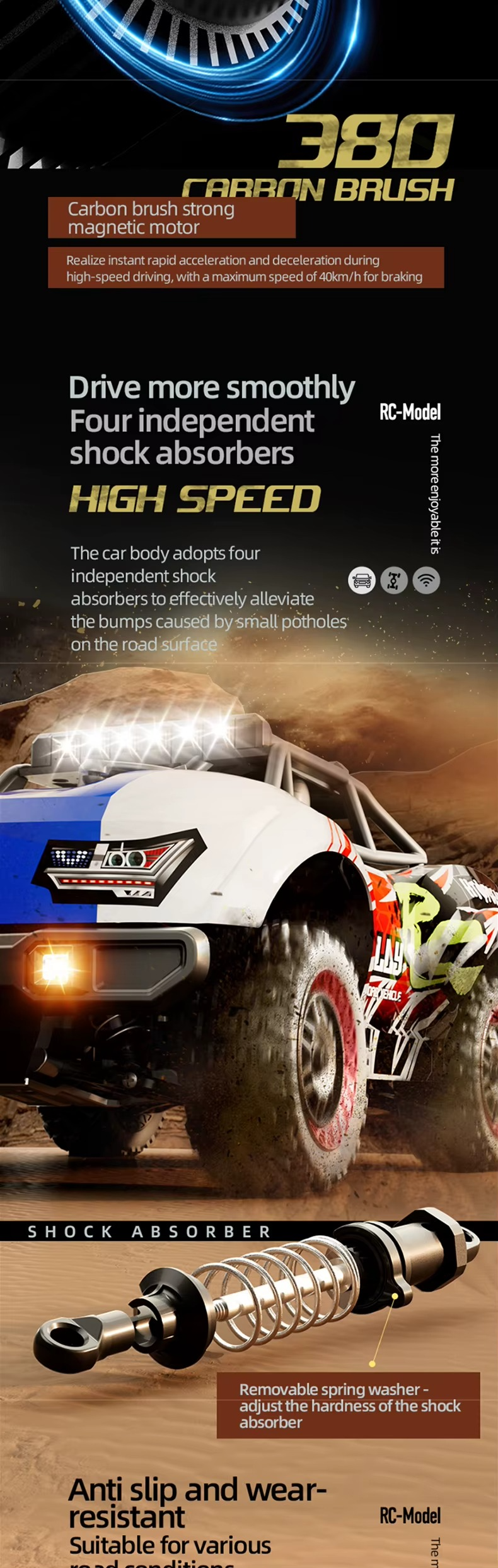 Suchiyu 18103 - High Speed 4WD RC Off-Road Car 1:18 Scale 2.4GHz Remote Control Racing Car with Rechargeable Battery for Kids and Adults description image 7