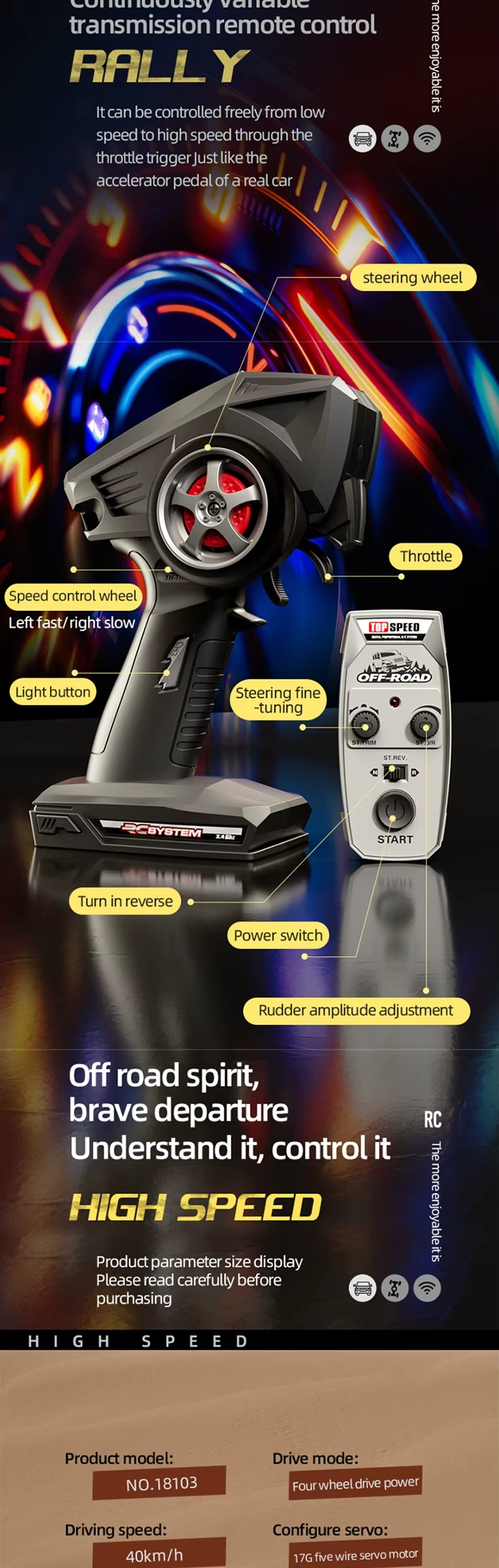 Suchiyu 18103 - High Speed 4WD RC Off-Road Car 1:18 Scale 2.4GHz Remote Control Racing Car with Rechargeable Battery for Kids and Adults description image 9