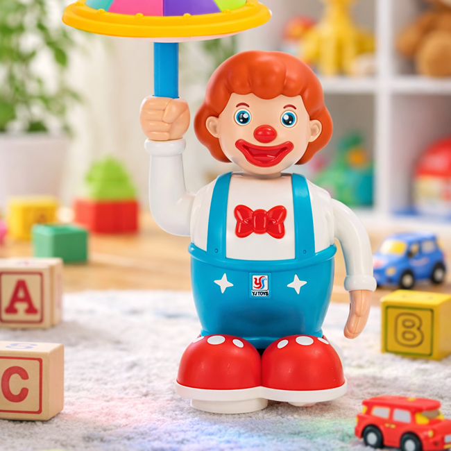 360° Rotating Circus Clown Musical Toy with Colorful LED Umbrella Lights, Music & Automatic Bump-and-Go Action for Kids 3+ Years
