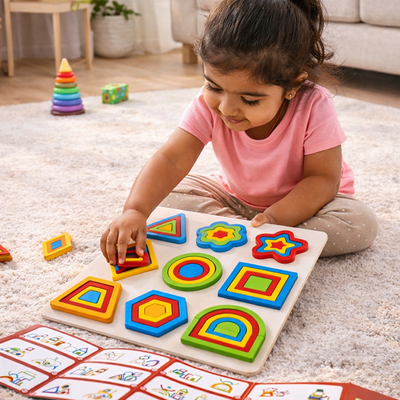 Wooden Geometric Shape Puzzle Board for Kids | Montessori Shape Sorter Educational Toy | Preschool Learning Activity Toy - JT2511-57 - alternate view